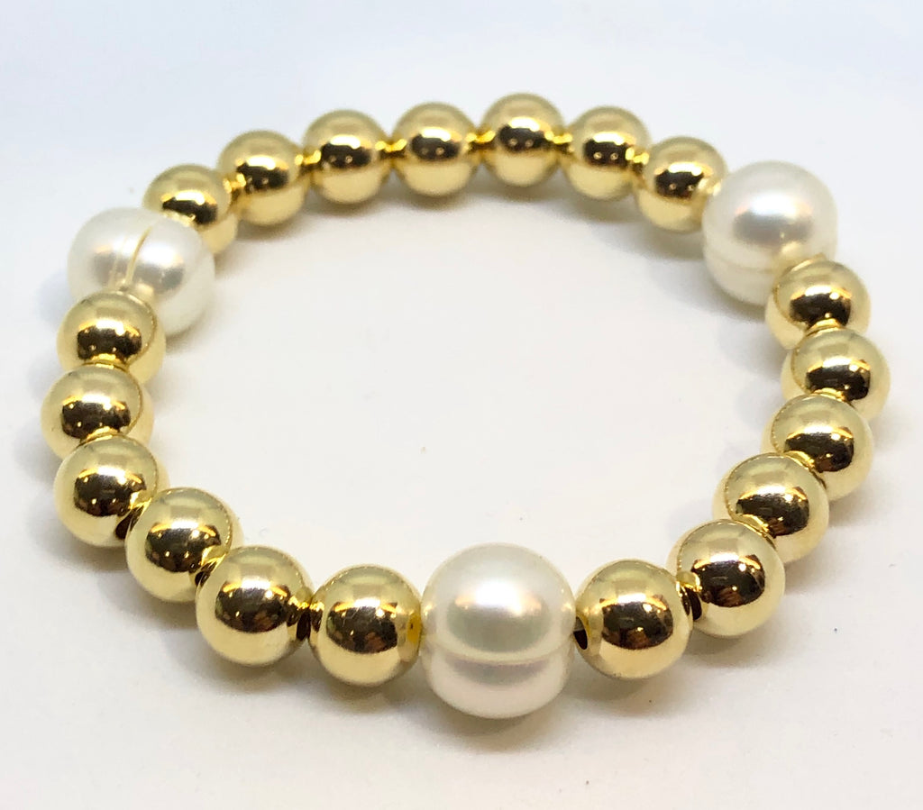 8mm 14kt Gold Filled Bead Bracelet with 3 10mm Fresh Water Pearls