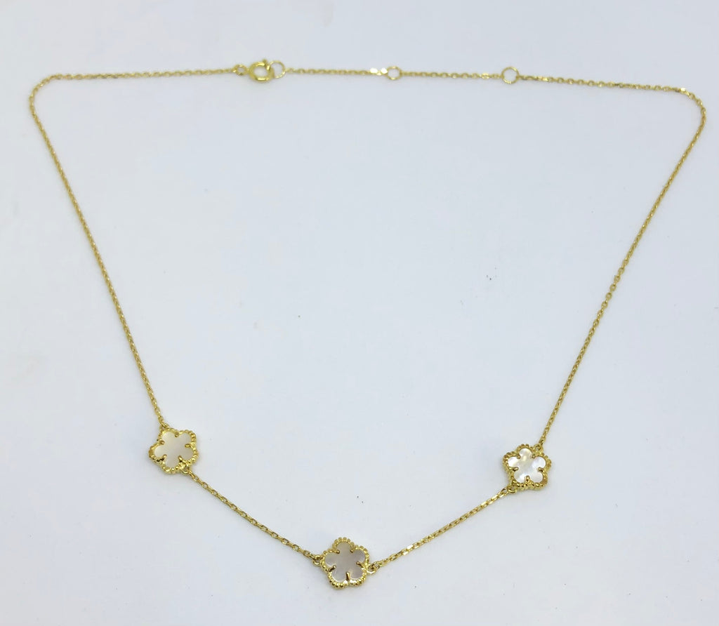 3 Mother of Pearl Flowers Necklace on Gold Chain 16"