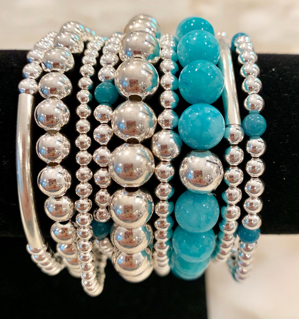 COPEY 8 Piece Sterling Silver Bead Bracelet Stack with Bright Blue Jade Stones