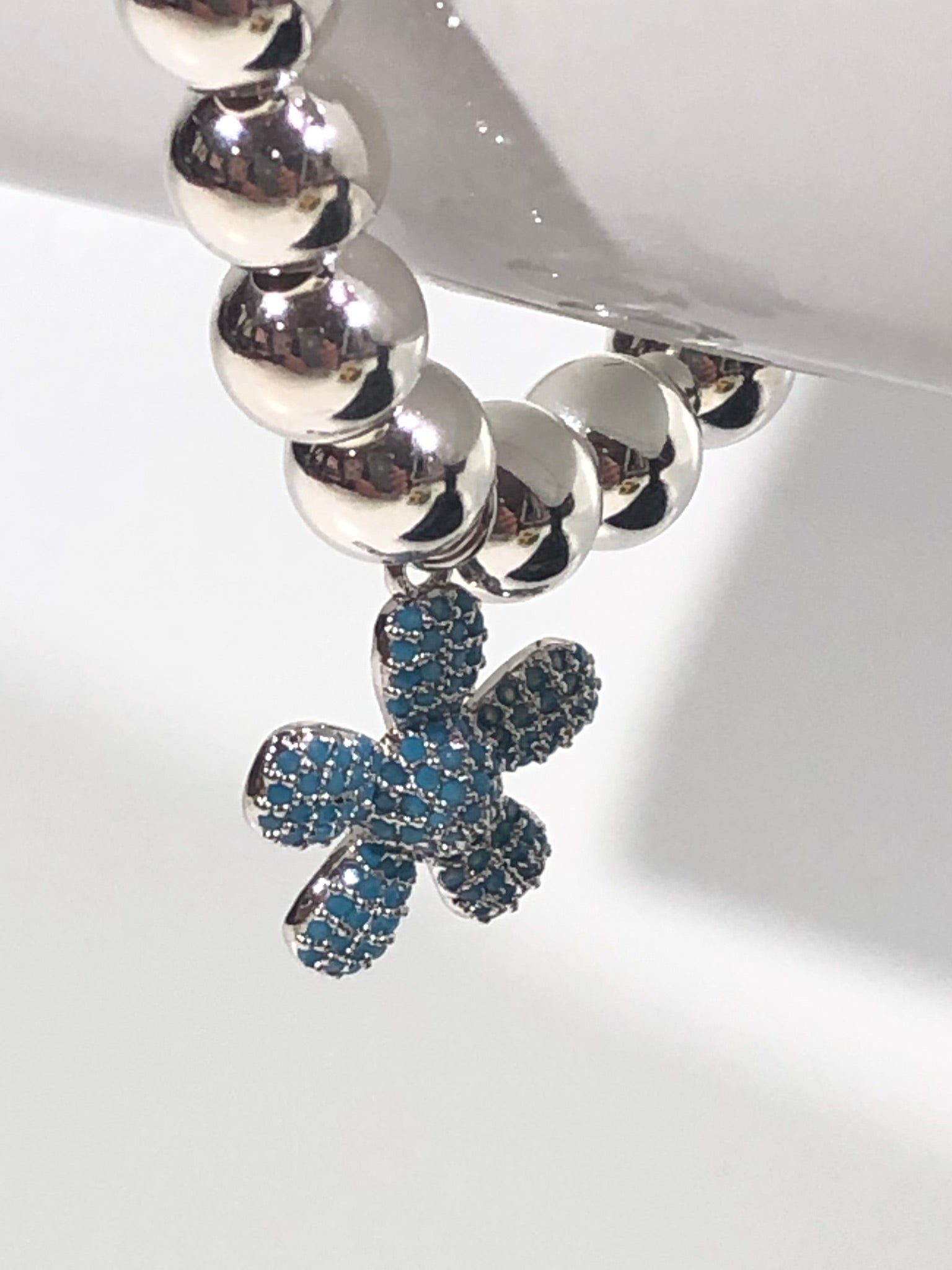 8mm Sterling Silver Bracelet with Blue Jeweled Flower Hanging Charm
