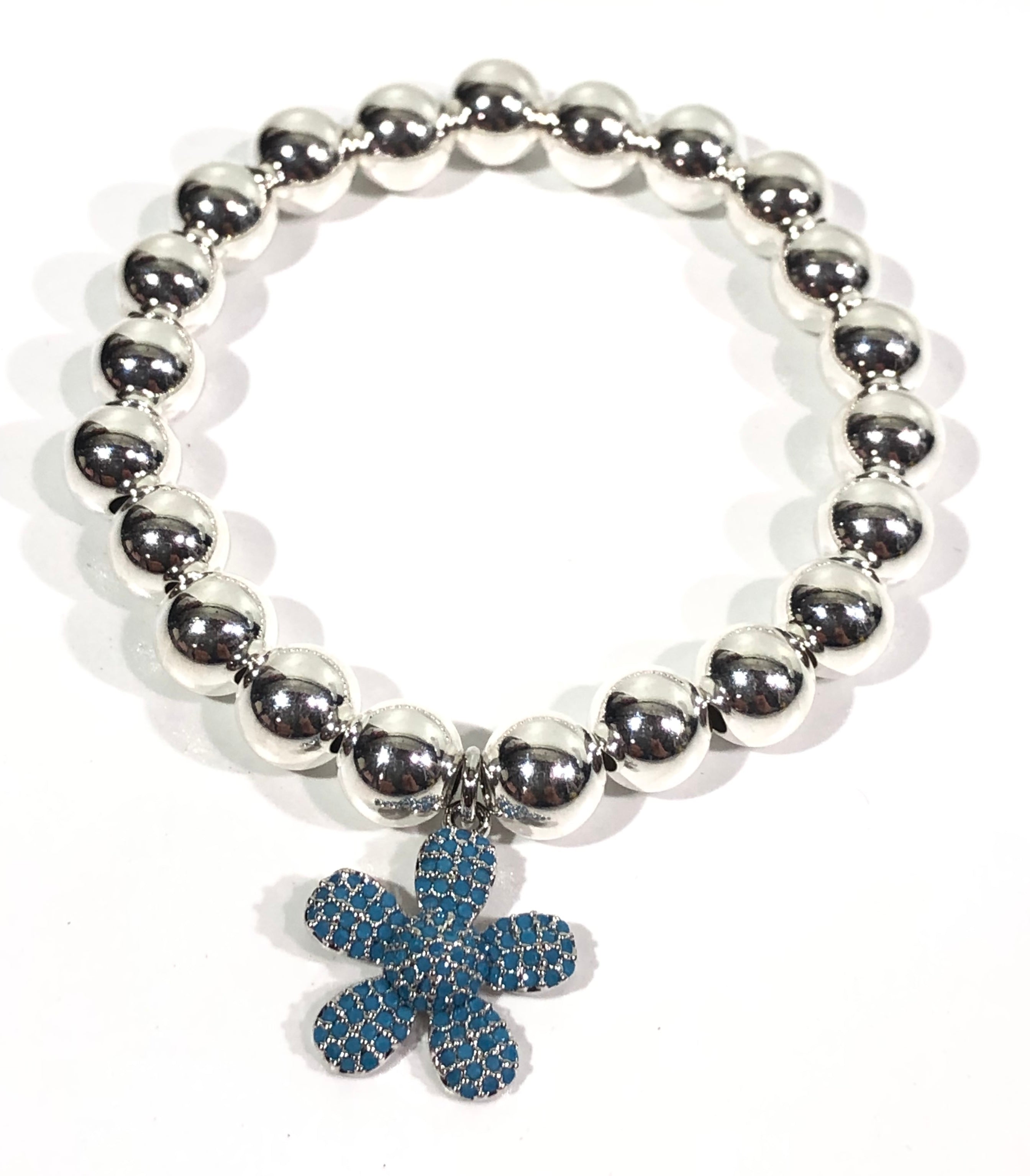 8mm Sterling Silver Bracelet with Blue Jeweled Flower Hanging Charm