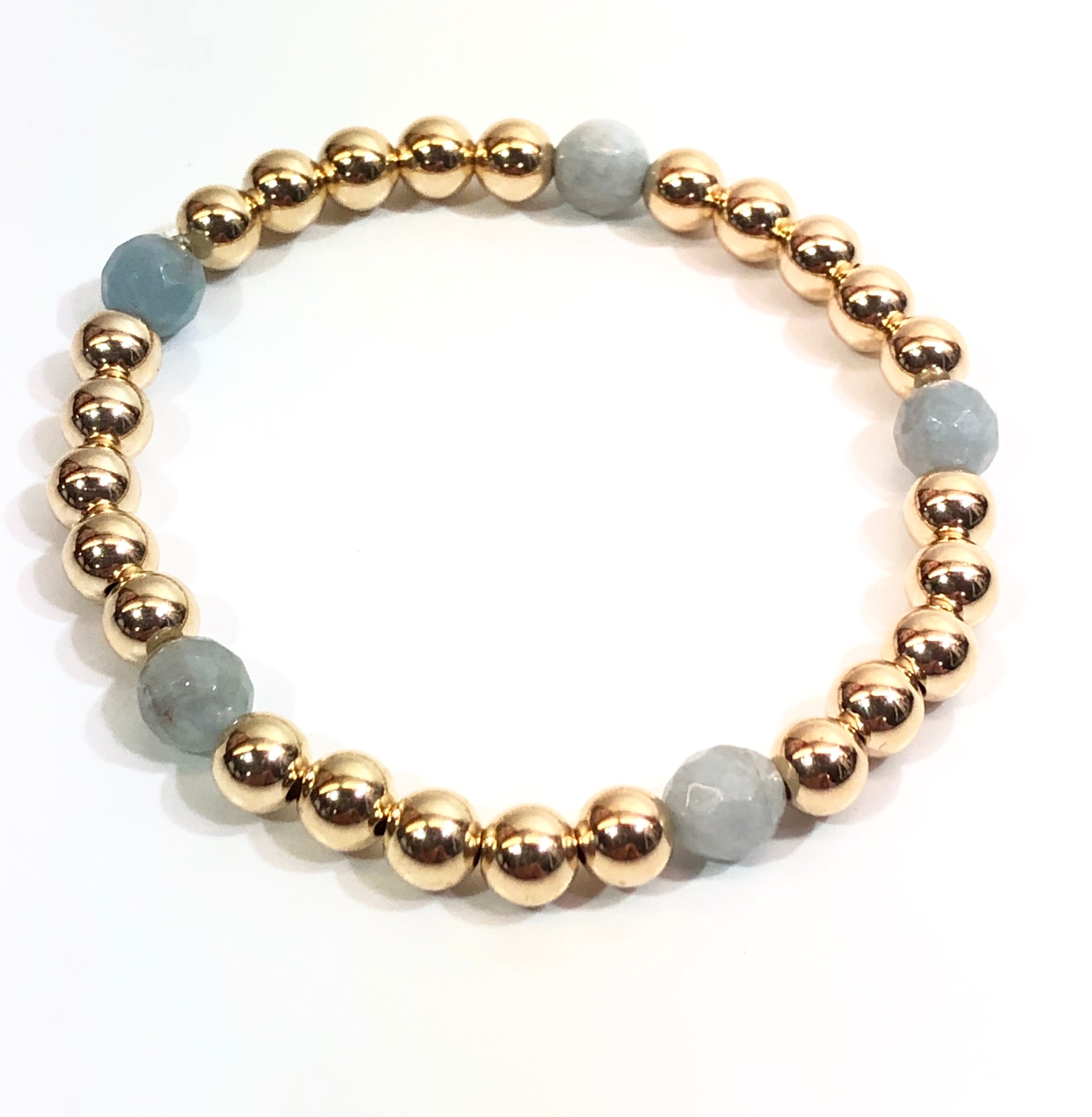 6mm 14kt Gold Filled Bead Bracelet with 5 Faceted 6mm Aquamarine Beads