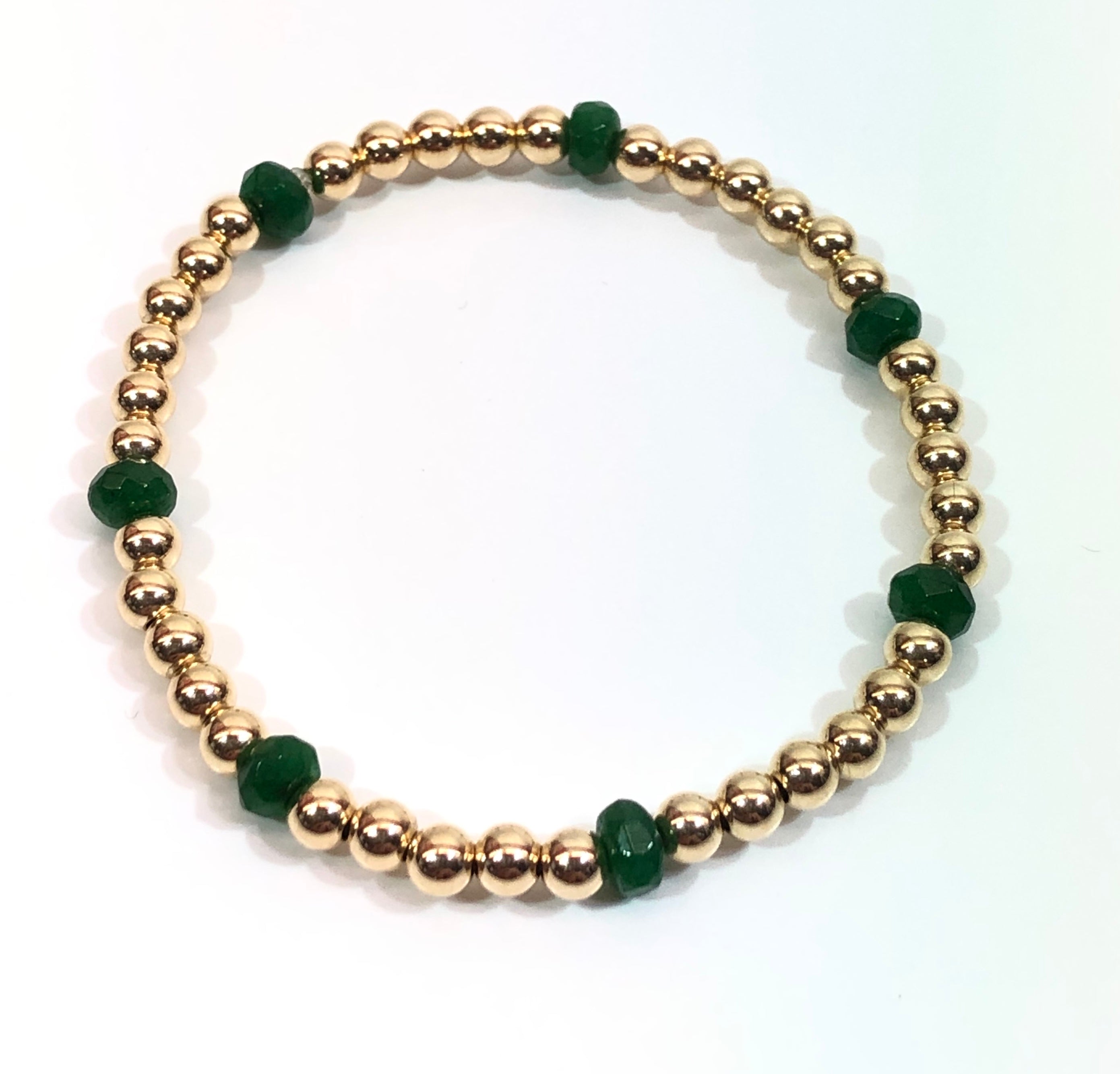 4mm 14kt Gold Filled Bead Bracelet with 7 4mm Emerald Beads