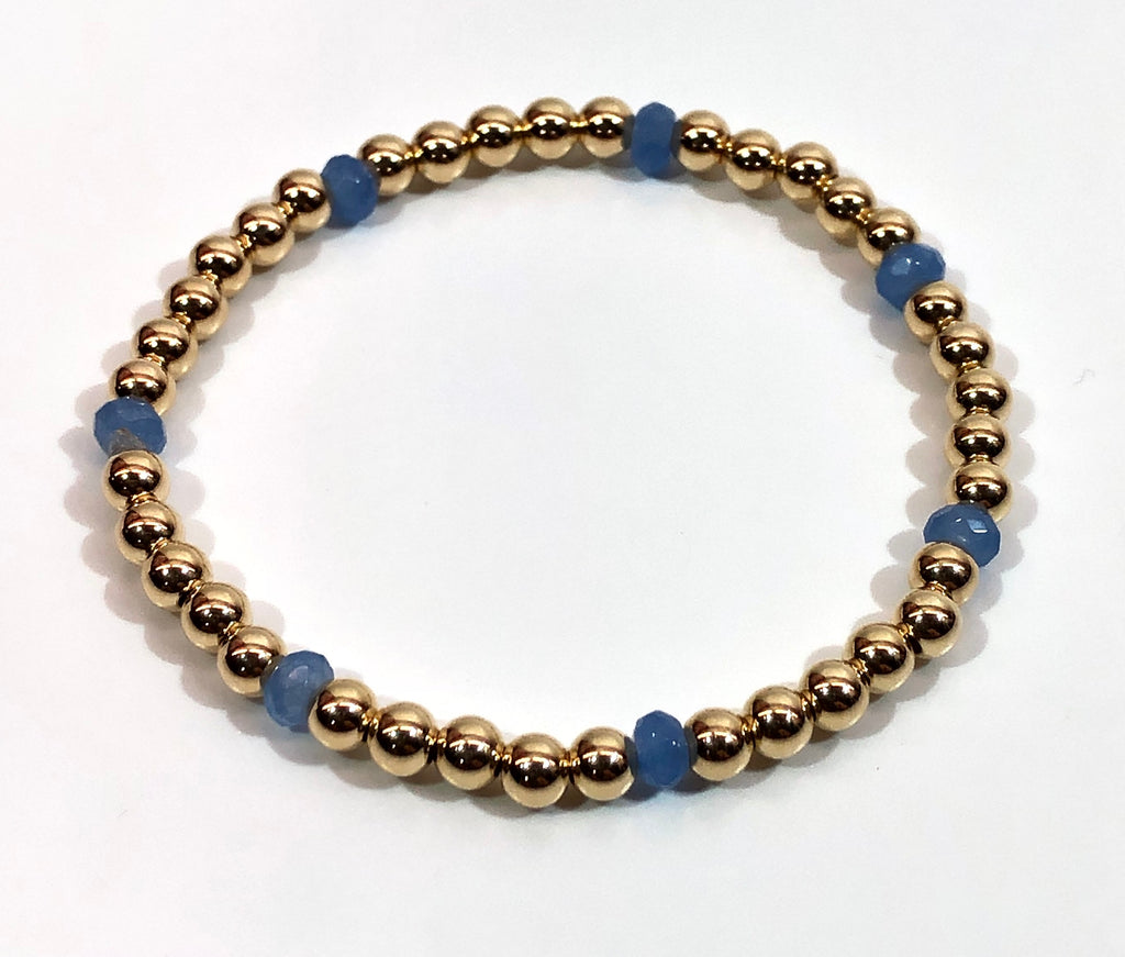4mm 14kt Gold Filled Bead Bracelet with 4mm Blue Periwinkle Beads
