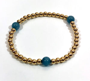 4mm 14kt Gold Filled Bead Bracelet with 3 6mm Light Blue Jade Beads