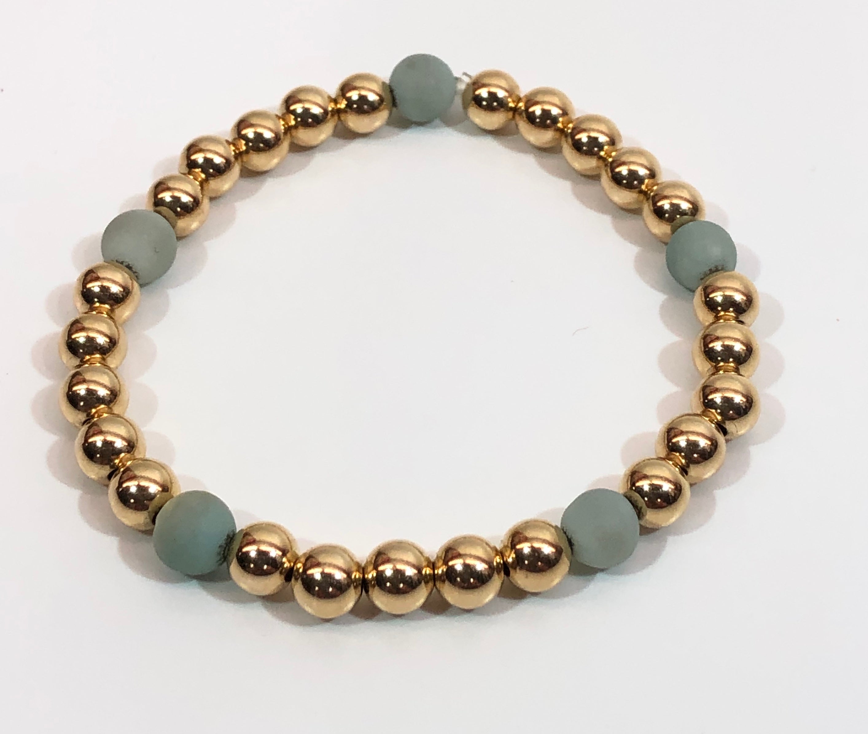 6mm 14kt Gold Filled Bead Bracelet with 5 Light Green Amazonite Beads