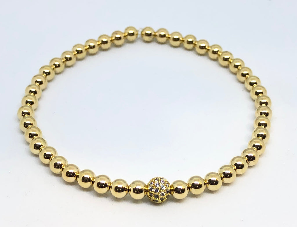 4mm Gold Bracelet with Gold Jeweled Disco Ball