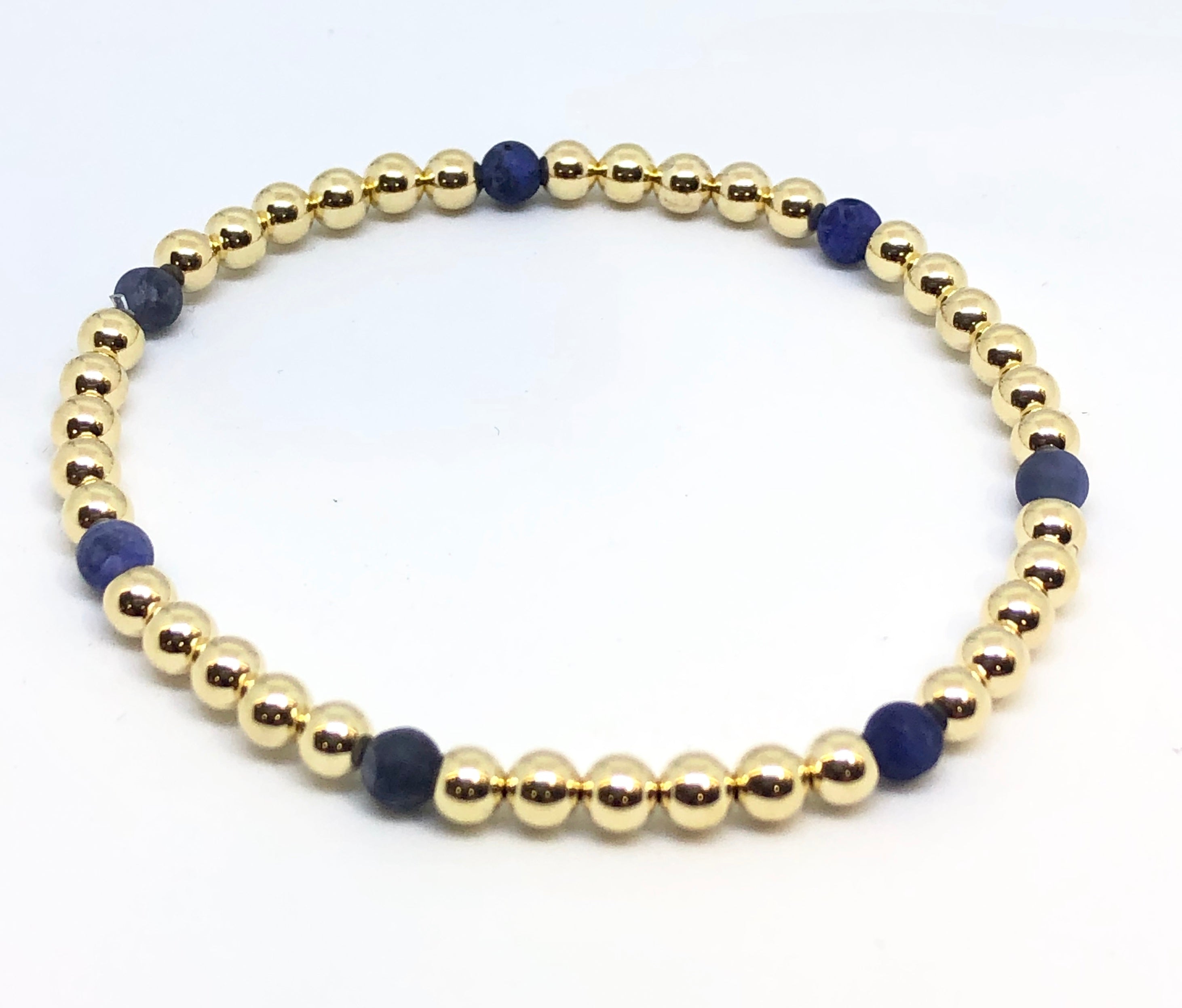4mm 14kt Gold Filled Bead Bracelet with 7 4mm Blue Agate Beads