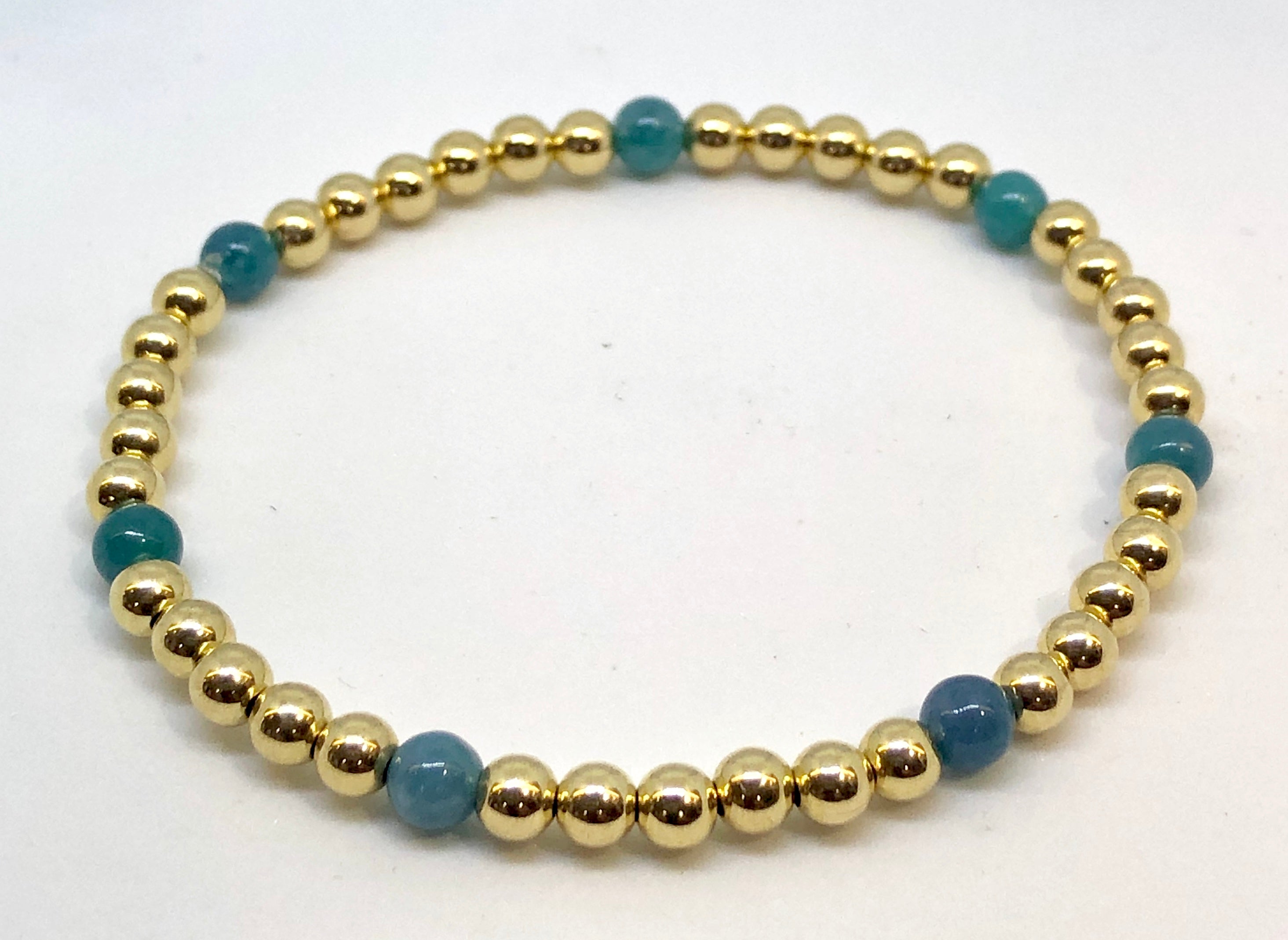 4mm 14kt Gold Filled Bead Bracelet with 7 4mm Green Teal Jade Beads