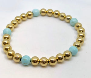 6mm 14kt Gold Filled Bead Bracelet with 5 6mm Round Light Turquoise Beads