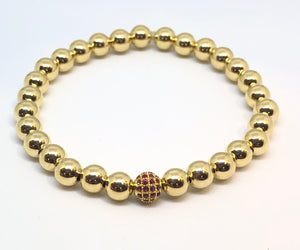 6mm 14kt Gold Filled Bead Bracelet with Jeweled Pink Disco Ball