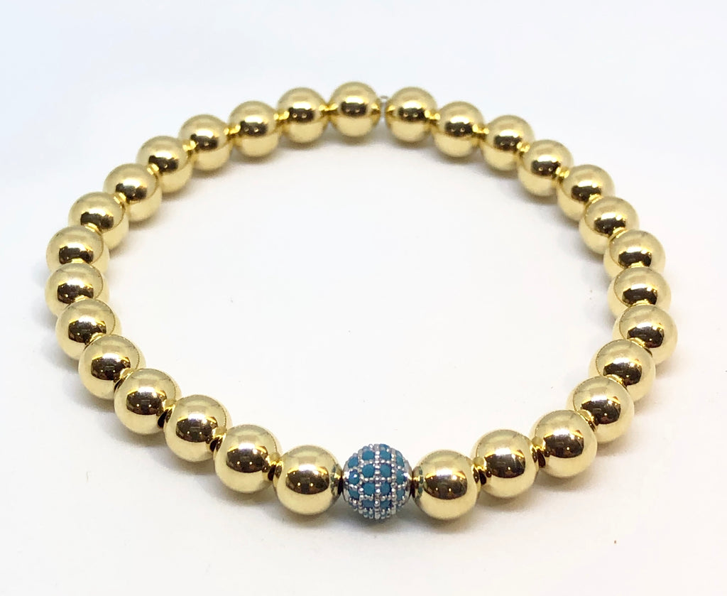 6mm 14kt Gold Filled Bead Bracelet with Jeweled Blue Disco Ball