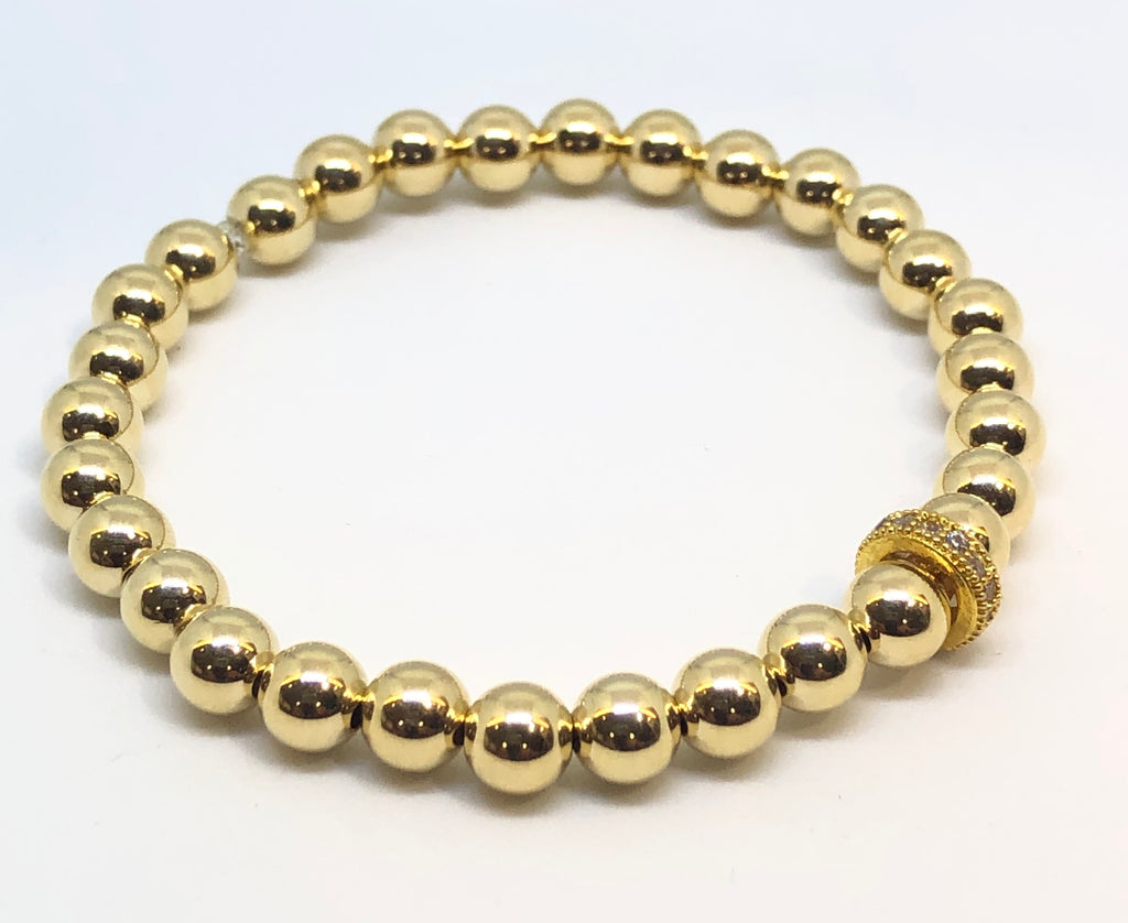 6mm 14kt Gold Filled Bead Bracelet with 10mm CZ Jeweled Wheel