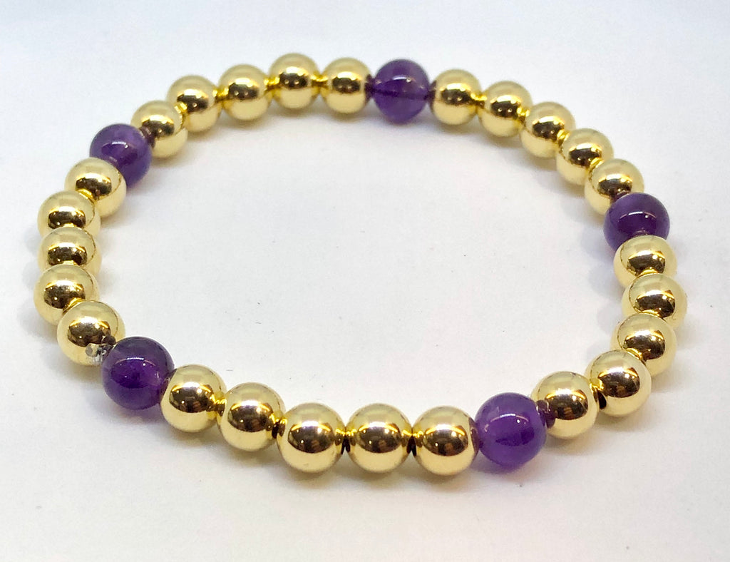 6mm 14kt Gold Filled Bead Bracelet with 5 Purple Amethyst Beads