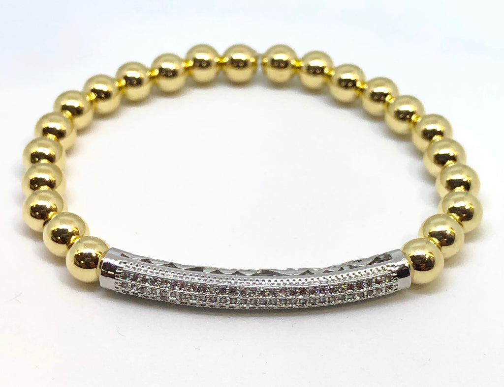6mm 14kt Gold Filled Bead Bracelet with 6mm CZ Jeweled Silver Tube