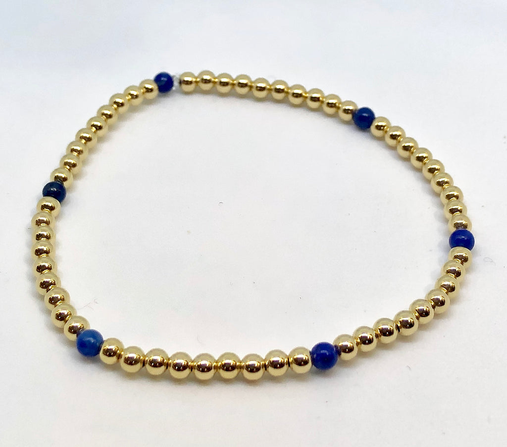3mm 14kt Gold Filled Bead Bracelet with 6 Lapis Beads