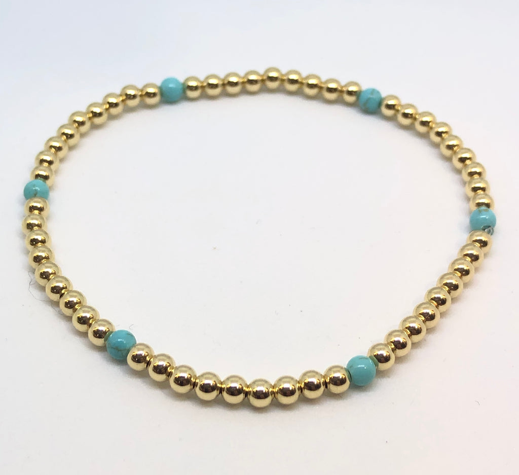 3mm 14kt Gold Filled Bead Bracelet with 6 Turquoise Beads