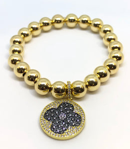 8mm 14kt Gold Filled Bead Bracelet with Black Jeweled Clover Charm