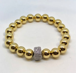 8mm 14kt Gold Filled Bead Bracelet with 10mm Sterling CZ Jeweled Wheel