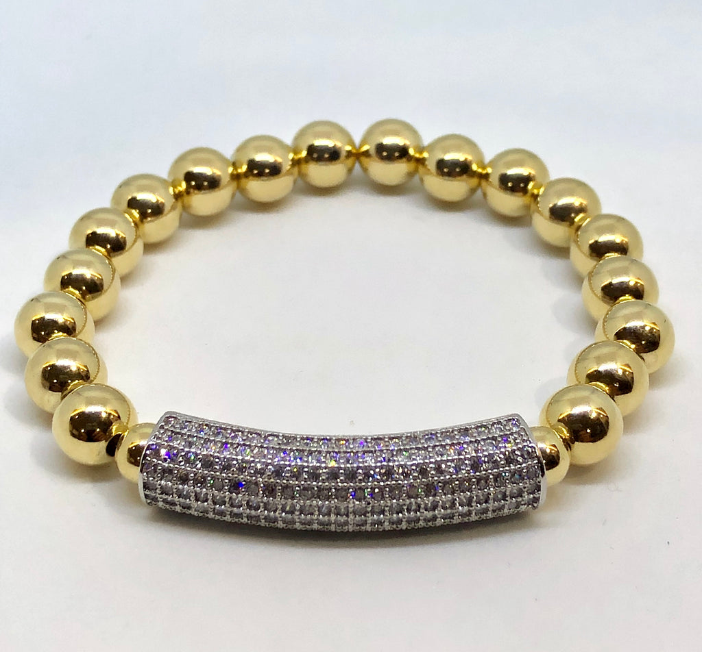 8mm 14kt Gold Filled Bead Bracelet with 8mm Sterling CZ Jeweled Bar