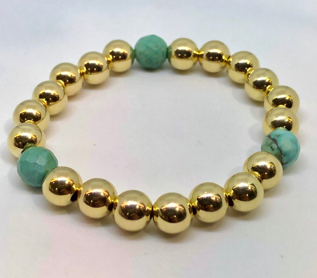 8mm 14kt Gold Filled Bead Bracelet with 3 8mm Turquoise Beads