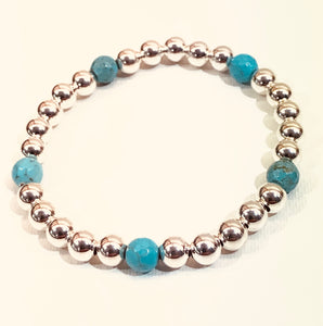 6mm Sterling Silver Bead Bracelet with 5 Turquoise Blue Beads