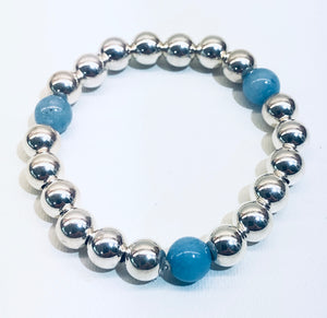 8mm Sterling Silver Bead Bracelet with 3 Blue Jade Beads