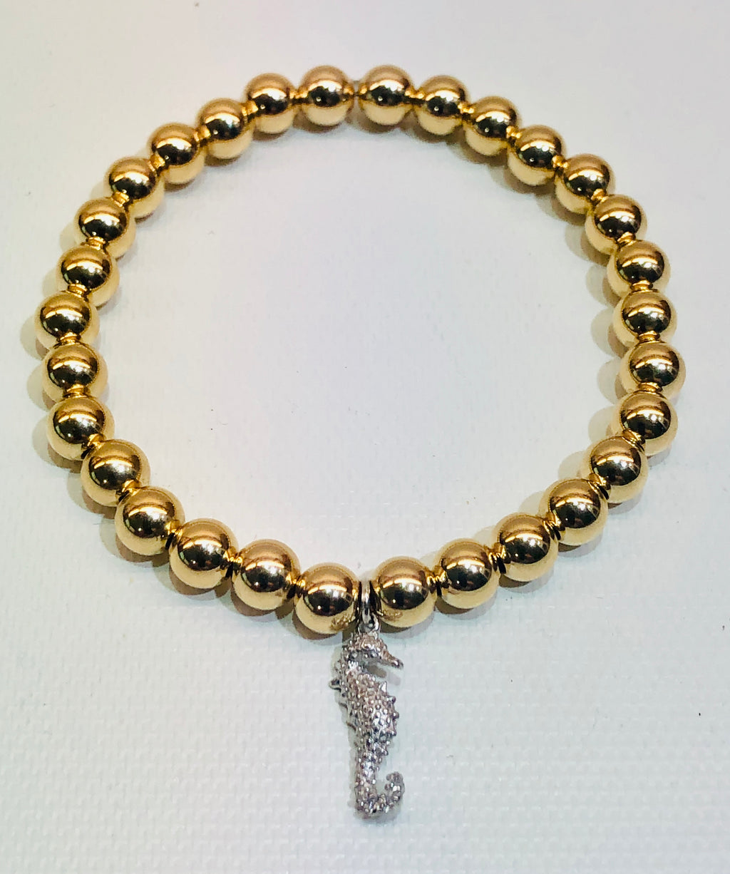 6mm 14kt Gold Filled Bead Bracelet with Silver Seahorse
