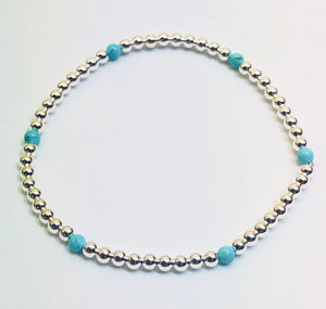 3mm Sterling Silver Bead Bracelet with 7 4mm Turquoise Beads