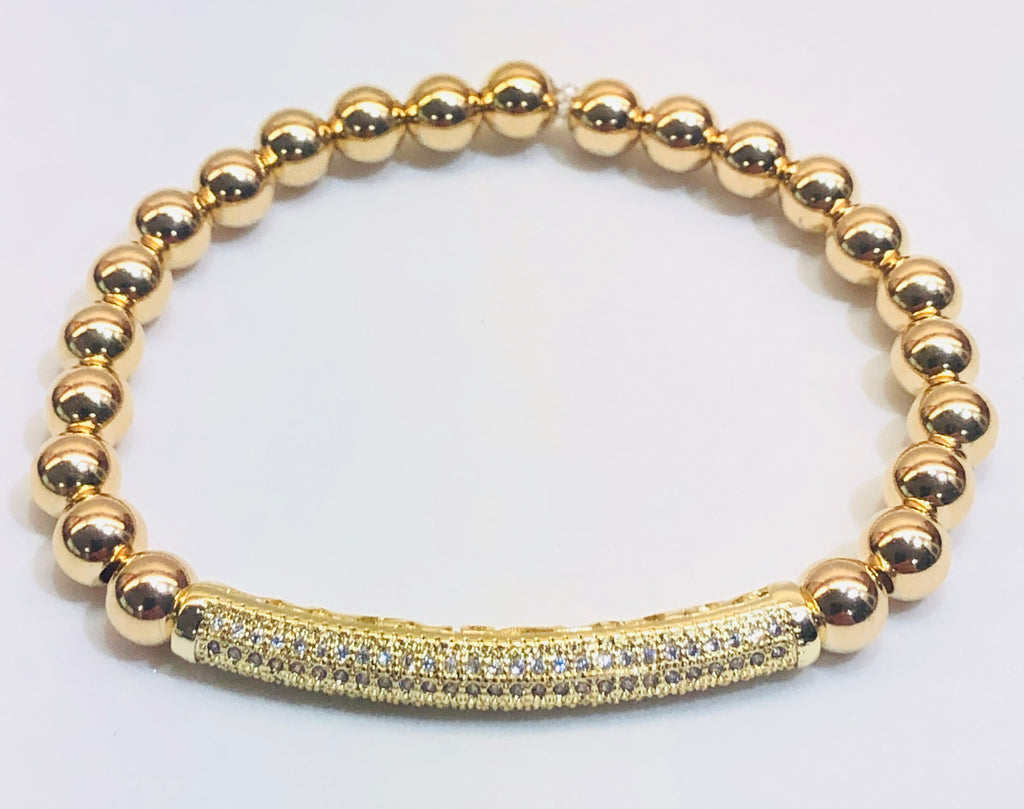 6mm Gold Filled Bead Bracelet with Micro CZ Pave Jeweled Tube