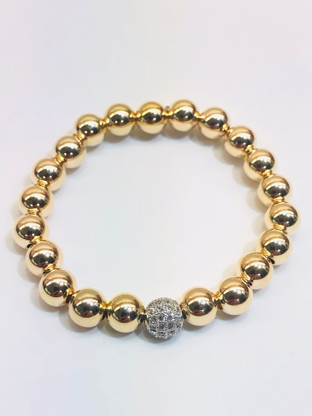 8mm 14kt Gold Filled Bead Bracelet with 8mm Jeweled Disco Ball
