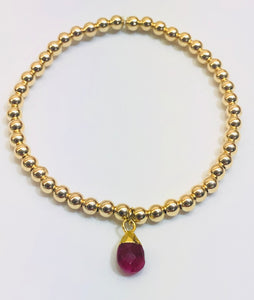 4mm 14k Gold Filled Bracelet with Ruby Jewel Hang Charm