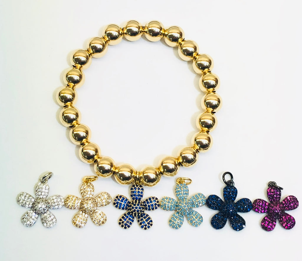 8mm 14k Gold Filled Bead Bracelet with CZ Jeweled Flower Charm