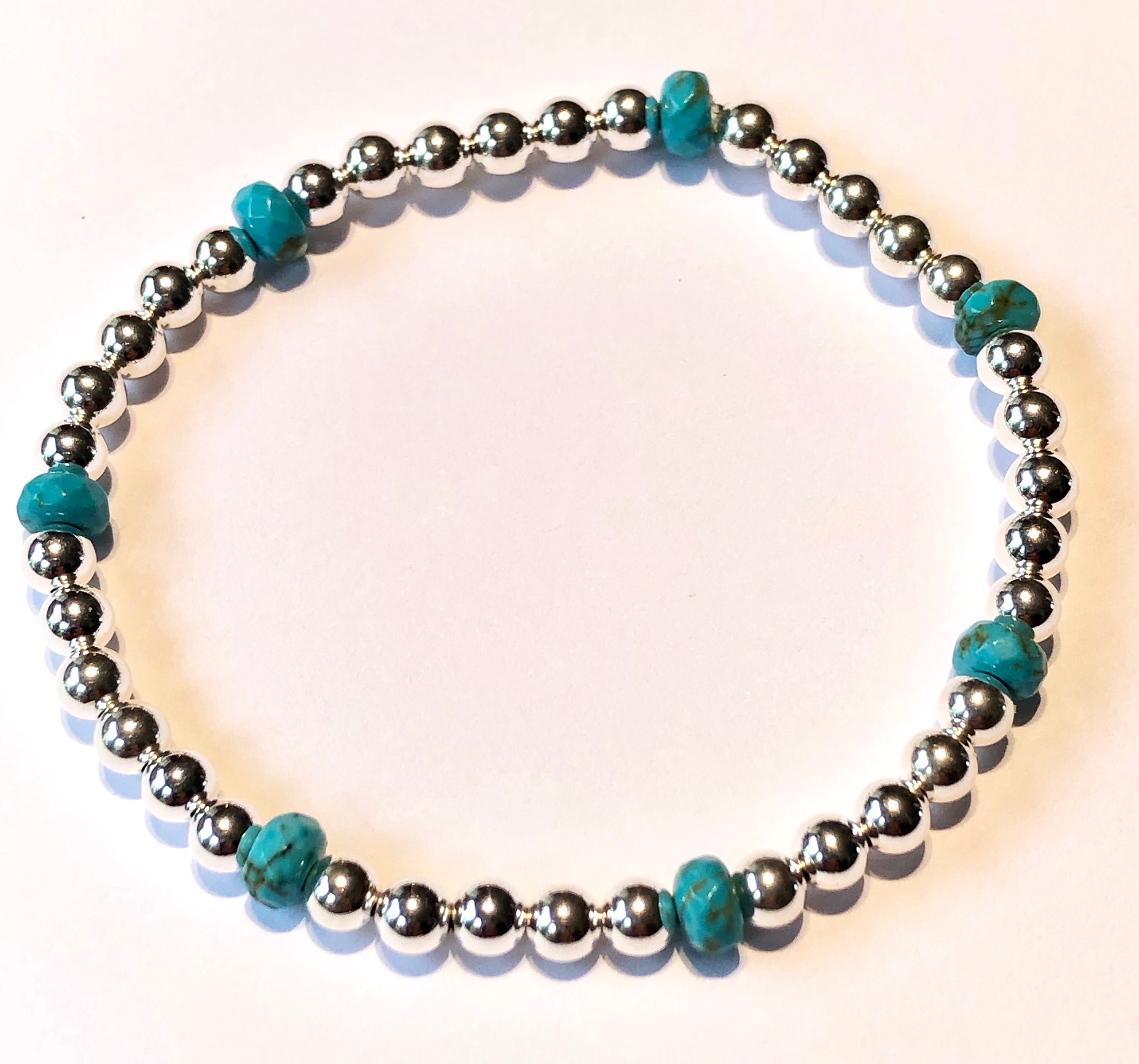 4mm Sterling Silver Bead Bracelet with 7 Turquoise Beads