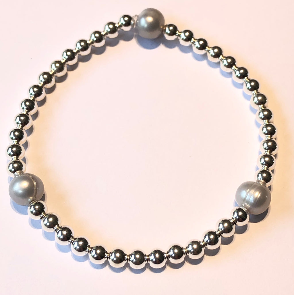 4mm Sterling Silver Bead Bracelet with 3 8mm Fresh Water Pearls