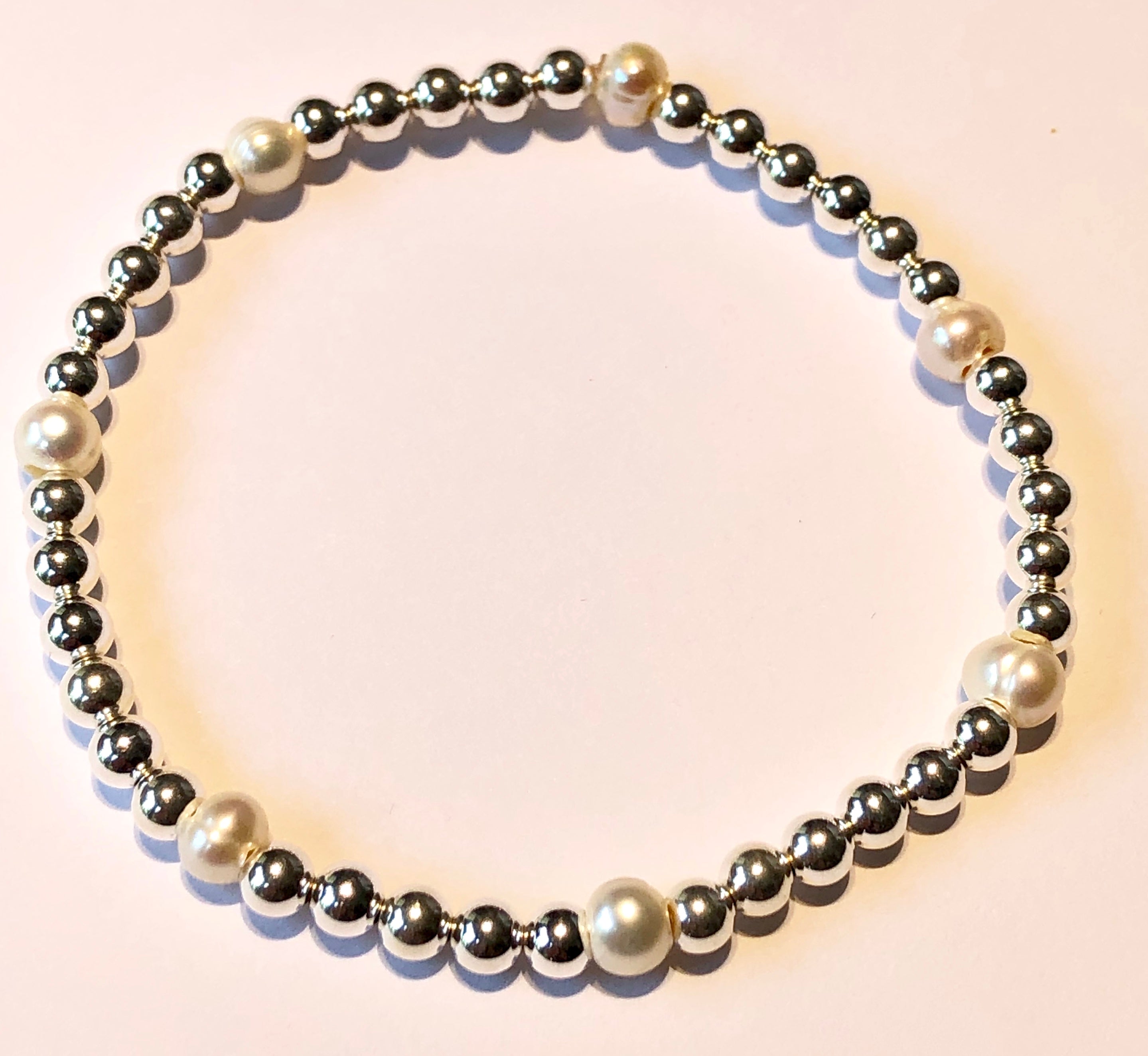 4mm Sterling Silver Bead Bracelet with 3 Fresh Water Pearls