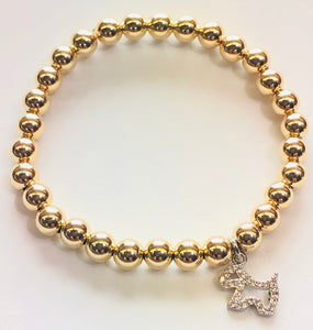 6mm 14kt Gold Filled Bead Bracelet with Jeweled Silver Dog Hanging Charm