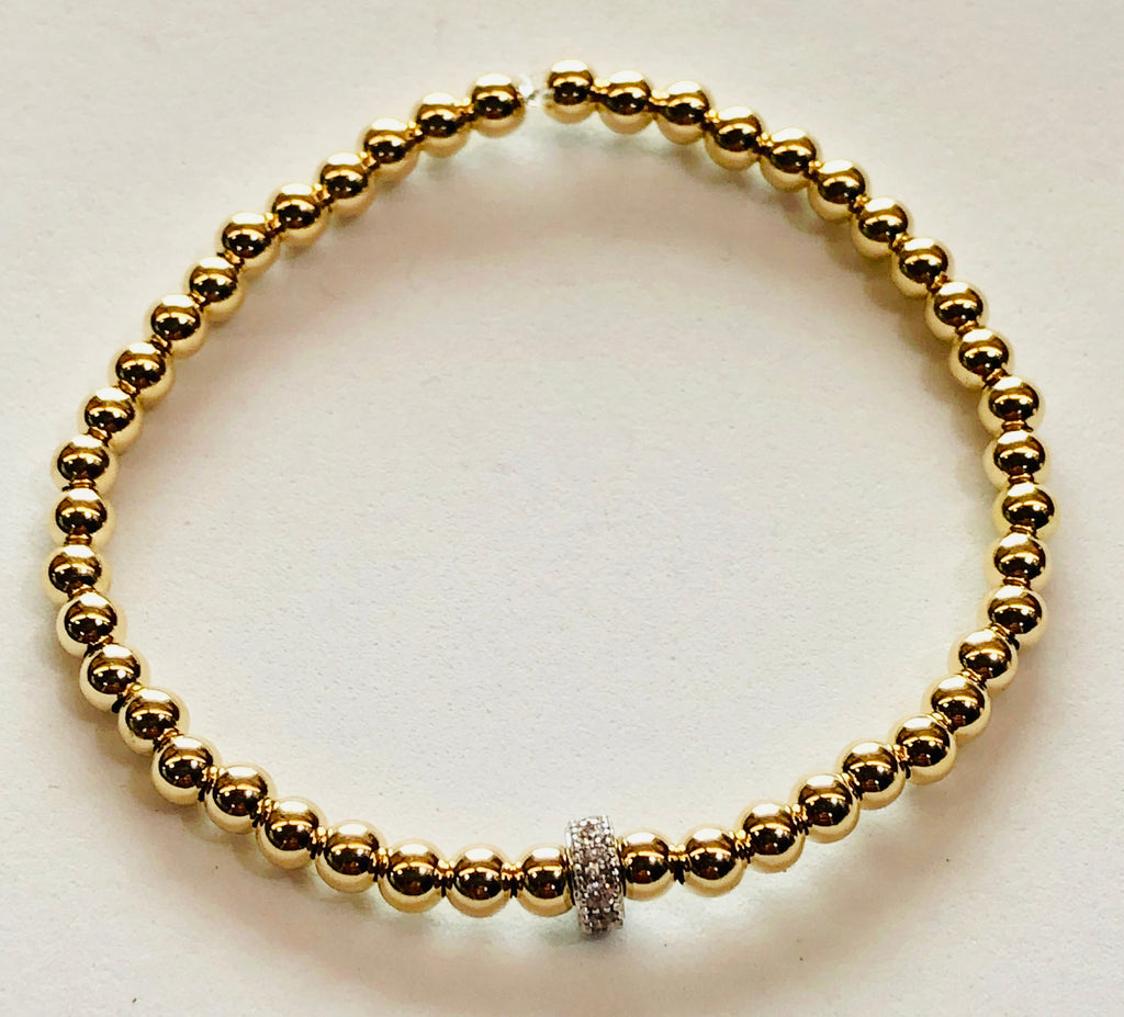 4mm 14kt Gold Filled Bead Bracelet with Jeweled Silver Wheel