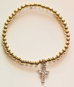 4mm 14kt Gold Filled Bead Bracelet with Silver Cross Hanging Charm