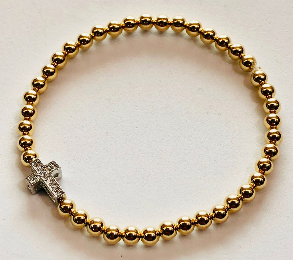 4mm 14kt Gold Filled Bead Bracelet with Cross Charm