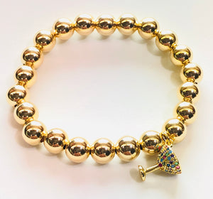 8mm 14kt Gold Filled Bead Bracelet with Gold Jeweled Cocktail Glass Hang Charm