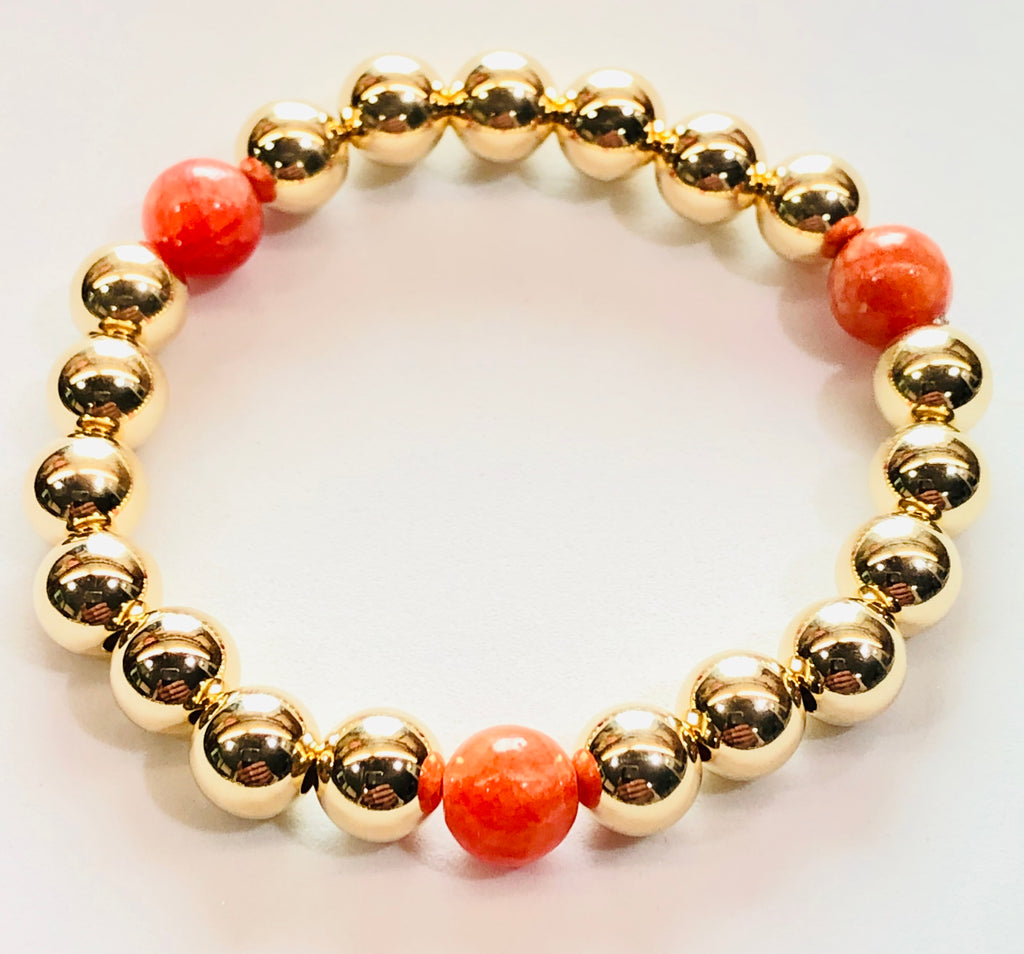 8mm 14kt Gold Filled Bead Bracelet with 3 8mm Orange Jade Beads