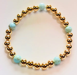 6mm14kt Gold Filled Bead Bracelet with 5 6mm Turquoise Beads