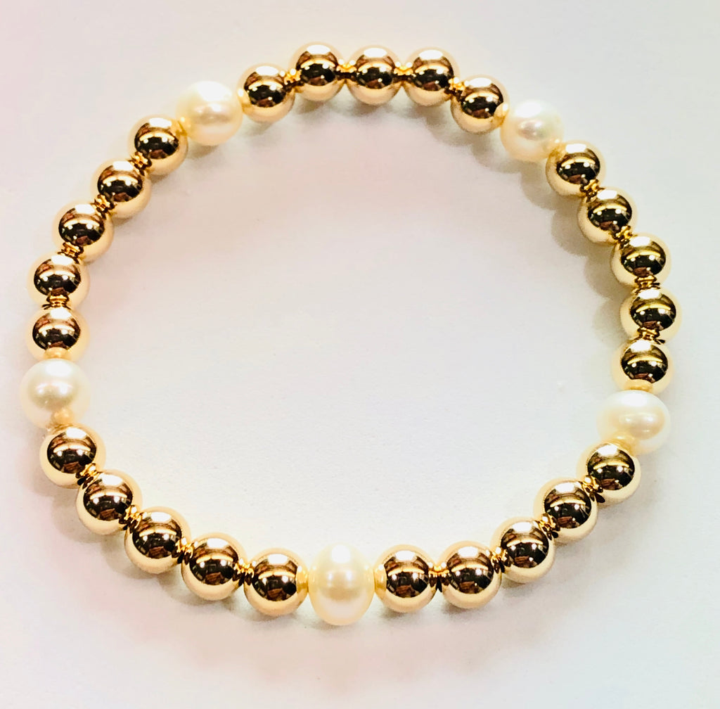 6mm 14kt Gold Filled Bead Bracelet with 5 6mm Fresh Water Pearls