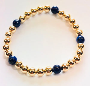 6mm 14kt Gold Filled Bead Bracelet with 5 6mm Blue Lapis Beads