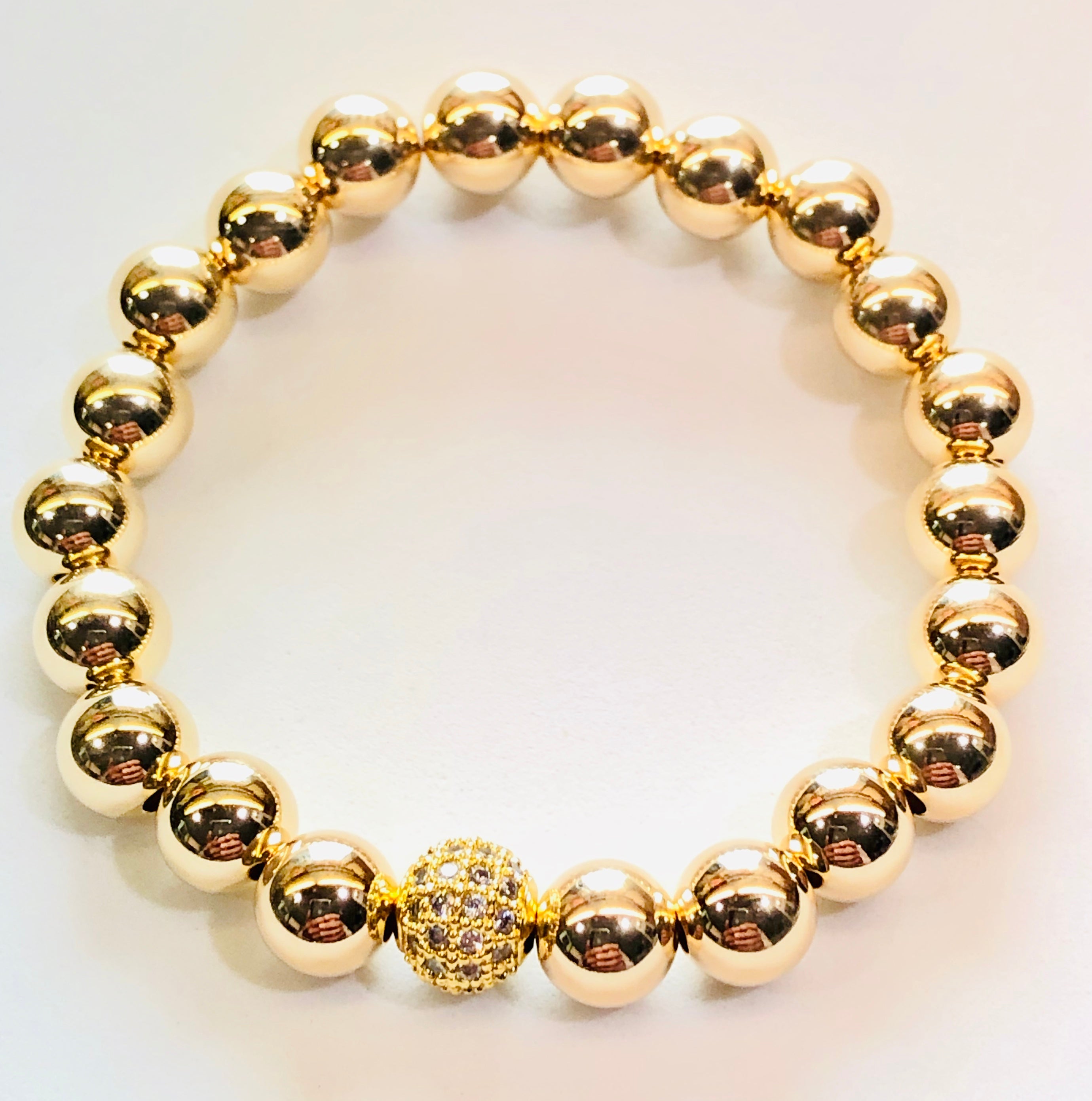 8mm 14kt Gold Filled Bead Bracelet with Jeweled Disco Ball