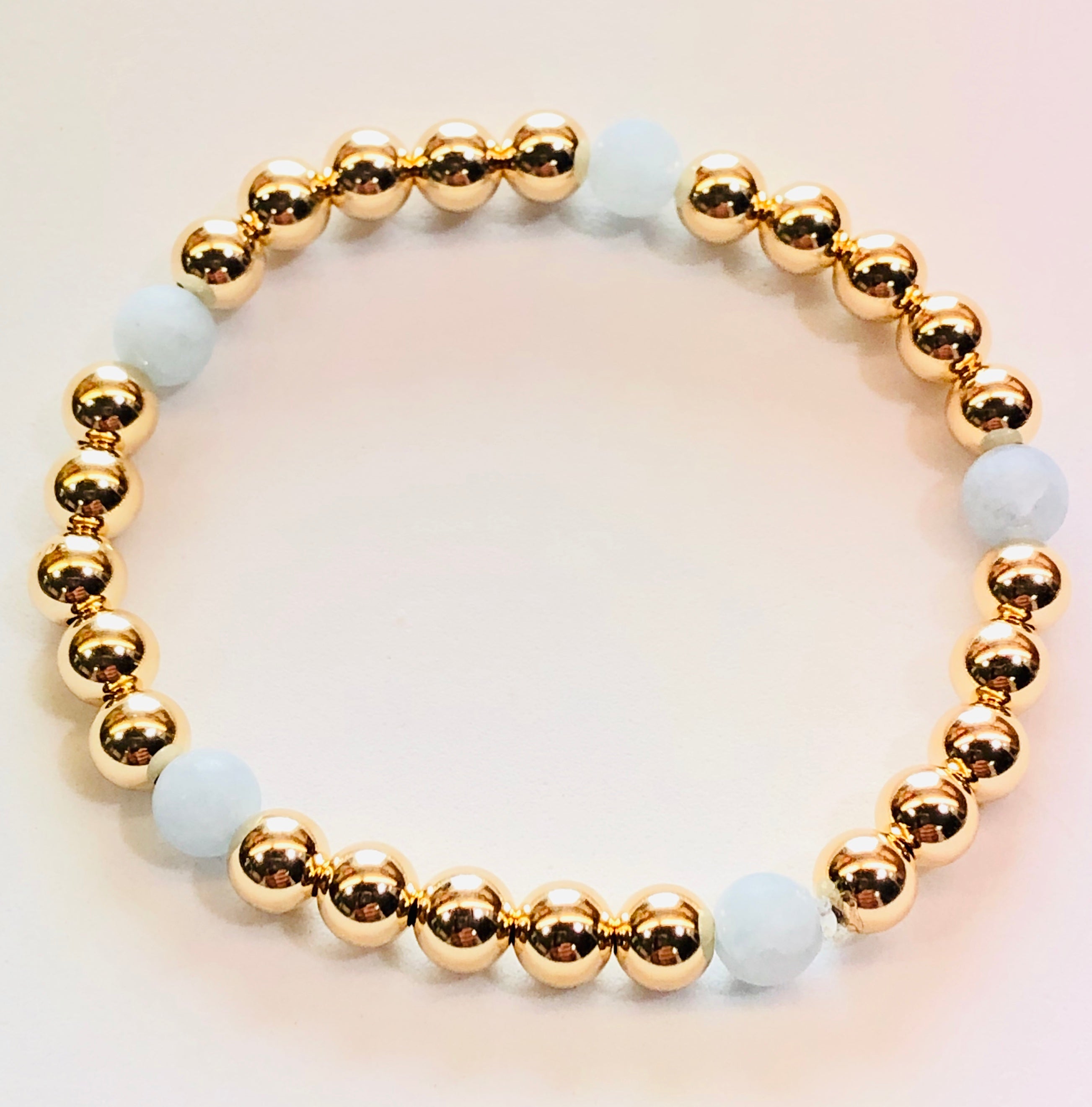 6mm 14kt Gold Filled Bead Bracelet with 5 Matte Finish Aquamarine Beads
