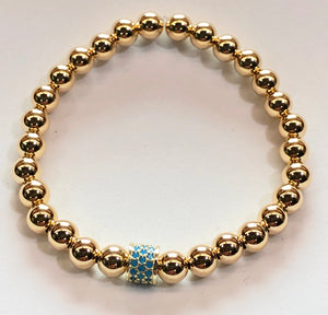 6mm 14kt Gold Filled Bead Bracelet with Turquoise Jeweled Wheel
