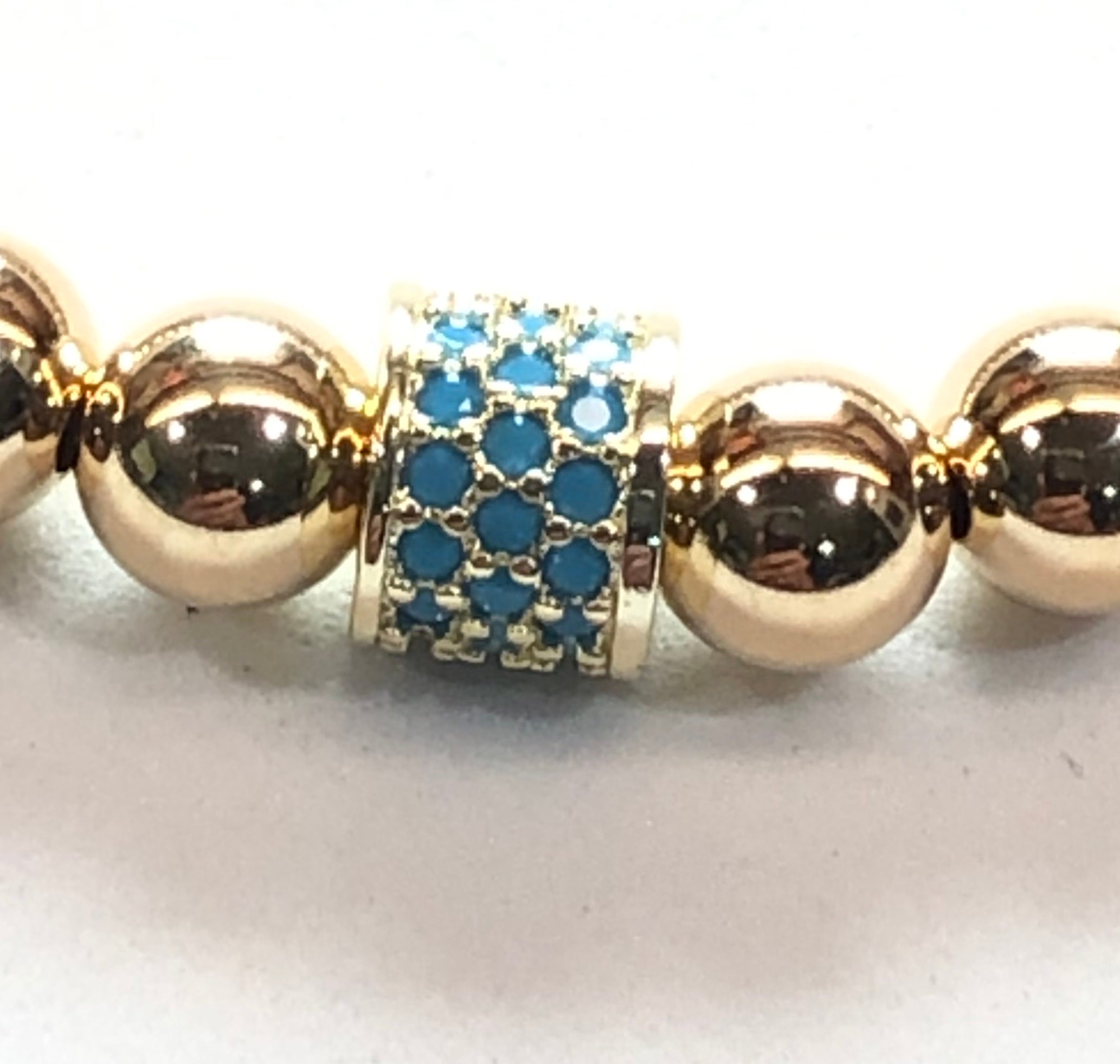 6mm 14kt Gold Filled Bead Bracelet with Turquoise Jeweled Wheel