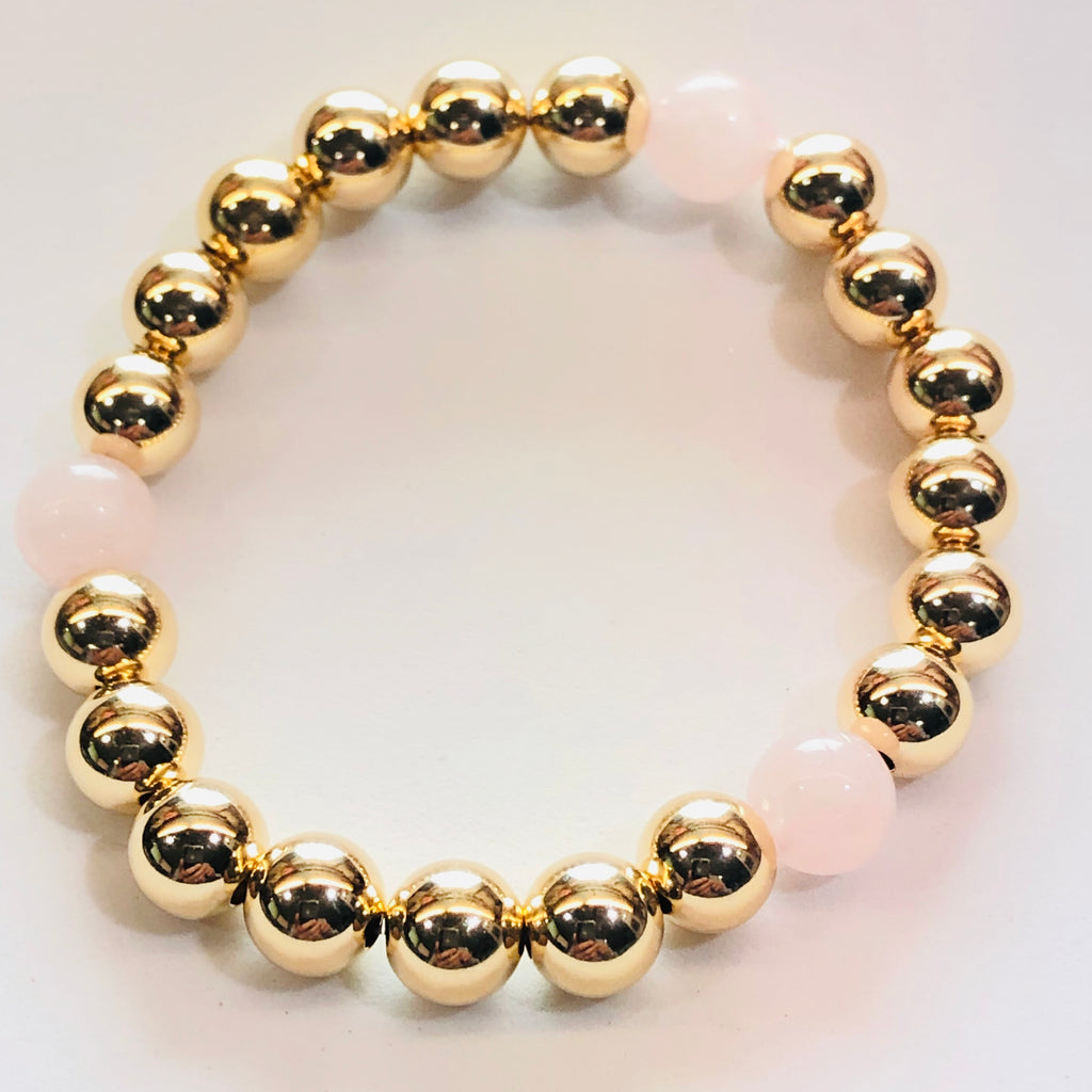 8mm 14kt Gold Filled Bead Bracelet with 3 8mm Rose Quartz Beads